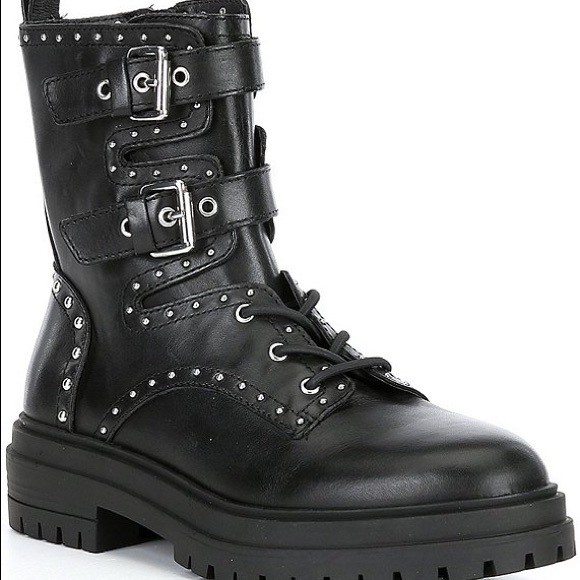 NIB Chelsea & Violet Rhea Studded Leather Lace-Up Buckle Combat Booties Size 7.5 - Picture 1 of 3